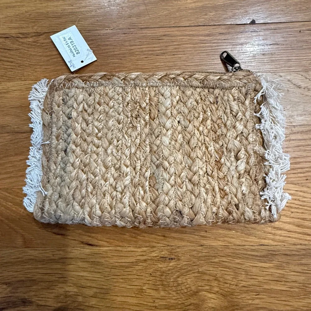 Maison Boho Jute Evil Eye Beaded Fringe Clutch Pouch Tan‎ White